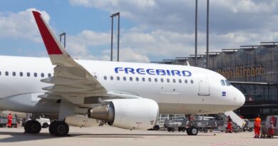 Eine Maschine von Freebird Airlines steht auf dem Vorfeld vom Flughafen Köln/Bonn bei blauem Himmel. Zu sehen ist die eine Seite der Tragflächen, eine Turbine und die blaue Aufschrift auf dem Flugzeug "FREEBIRD". Im Hintergrund ist am Flughafengebäude ide Aufschrift "Bonn Airport" zu sehen.