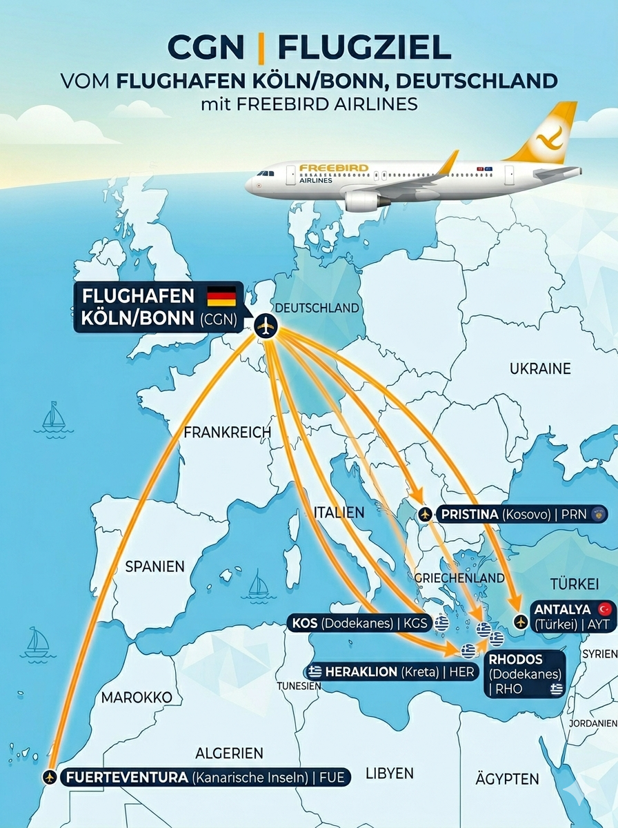 Das Bild zeigt eine Europa-Karte und ein Flugzeug von Freebird Airlines. Auf der Karte sind der Flughafen Köln/Bonn und die Flughäfen Kos, Kreta, Rhodos, Antalya, Pristina und Fuerteventura eingezeichnet. Sie sind in Form von orangen Pfeilen mit Köln verbunden.