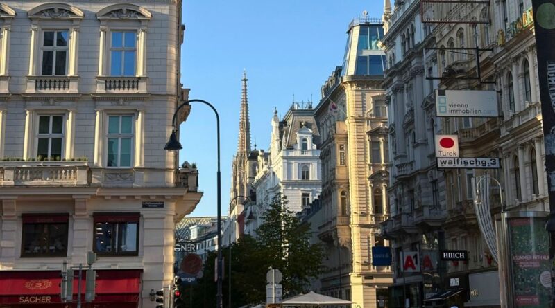 Die schöne Stadt Wien mit ihren Bauten und einer Kirche im Hintergrund.